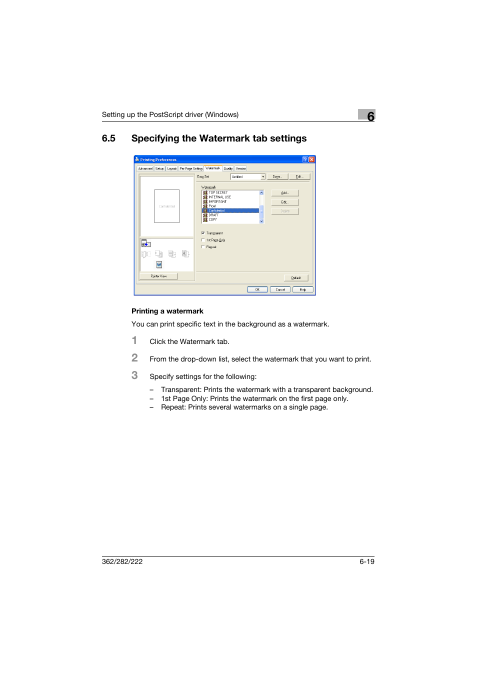 5 specifying the watermark tab settings, Printing a watermark, Specifying the watermark tab settings -19 | Printing a watermark -19 | Konica Minolta bizhub 362 User Manual | Page 175 / 372