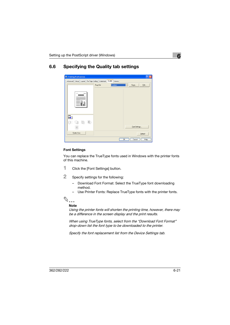 6 specifying the quality tab settings, Font settings, Specifying the quality tab settings -21 | Font settings -21 | Konica Minolta bizhub 362 User Manual | Page 177 / 372