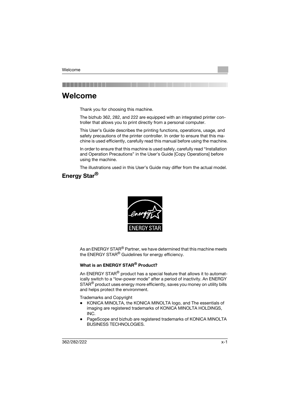 Welcome, Energy star, What is an energy star® product | Konica Minolta bizhub 362 User Manual | Page 2 / 372