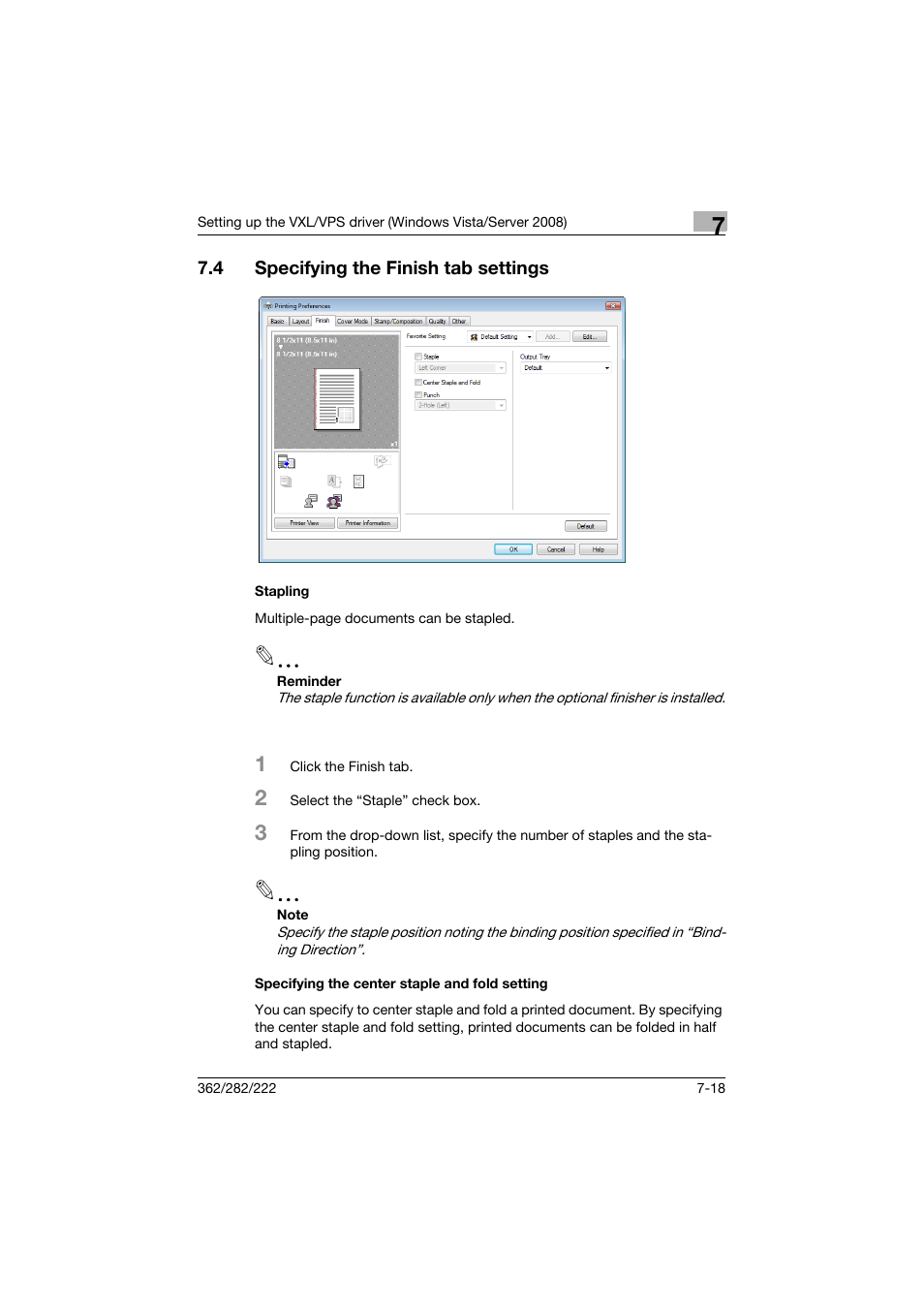 4 specifying the finish tab settings, Stapling, Specifying the center staple and fold setting | Specifying the finish tab settings -18 | Konica Minolta bizhub 362 User Manual | Page 200 / 372