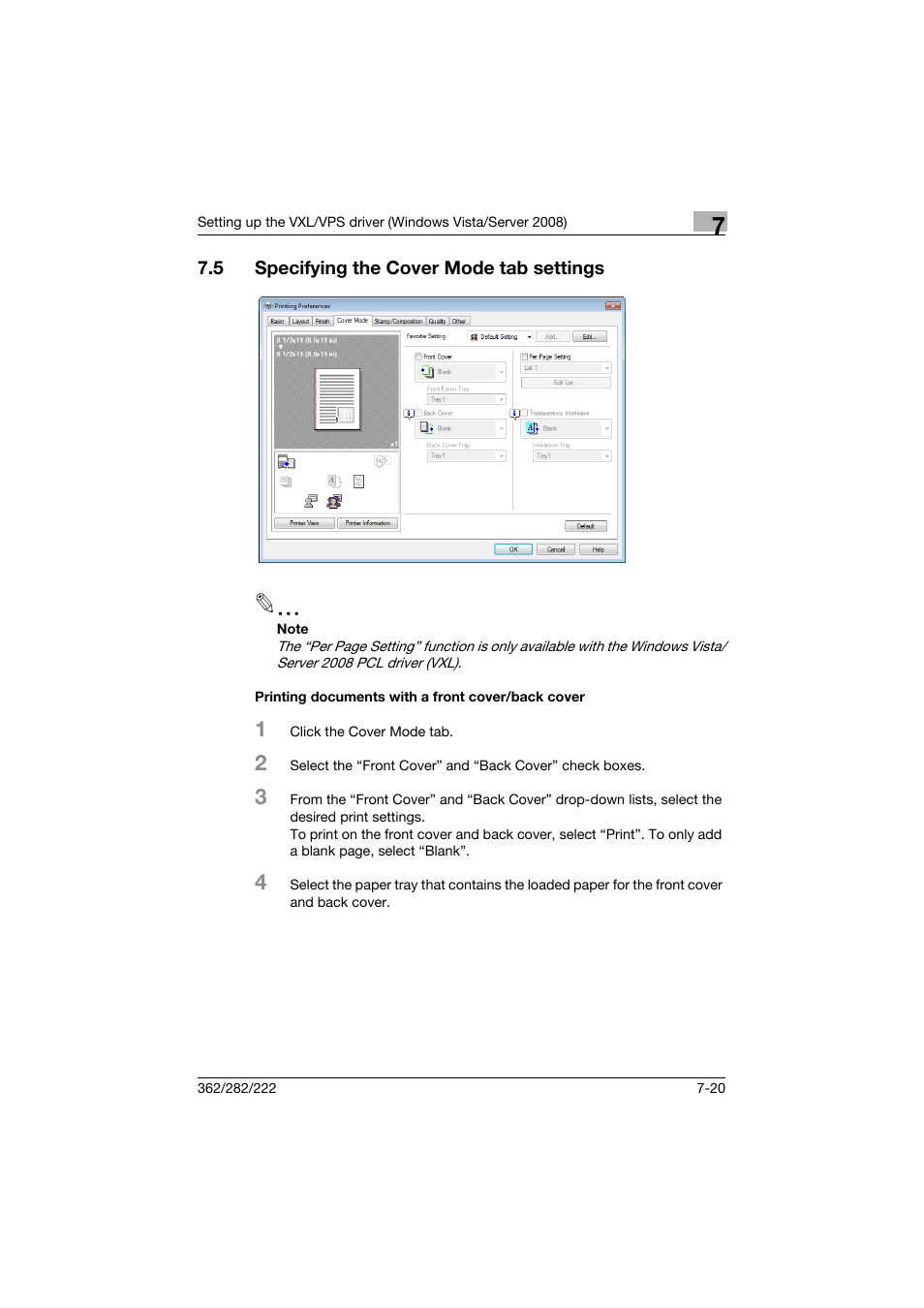 5 specifying the cover mode tab settings, Printing documents with a front cover/back cover, Specifying the cover mode tab settings -20 | Konica Minolta bizhub 362 User Manual | Page 202 / 372