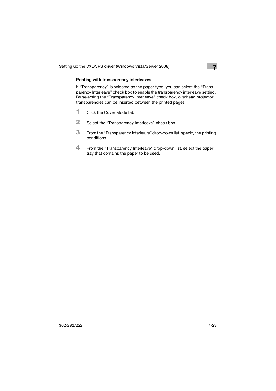 Printing with transparency interleaves, Printing with transparency interleaves -23 | Konica Minolta bizhub 362 User Manual | Page 205 / 372