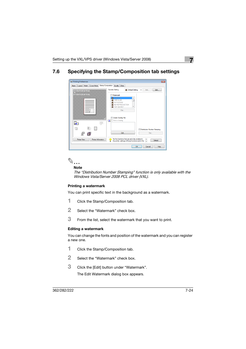6 specifying the stamp/composition tab settings, Printing a watermark, Editing a watermark | Specifying the stamp/composition tab settings -24, Printing a watermark -24 editing a watermark -24 | Konica Minolta bizhub 362 User Manual | Page 206 / 372