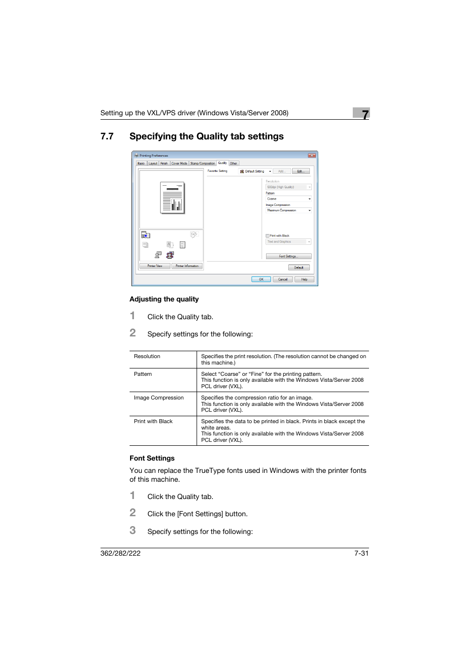 7 specifying the quality tab settings, Adjusting the quality, Font settings | Specifying the quality tab settings -31, Adjusting the quality -31 font settings -31 | Konica Minolta bizhub 362 User Manual | Page 213 / 372