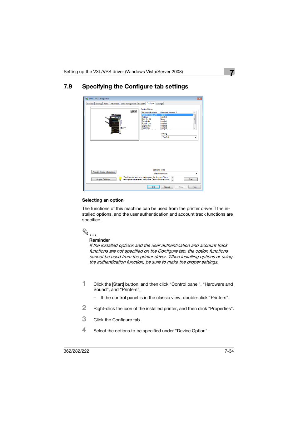 9 specifying the configure tab settings, Selecting an option, Specifying the configure tab settings -34 | Selecting an option -34 | Konica Minolta bizhub 362 User Manual | Page 216 / 372