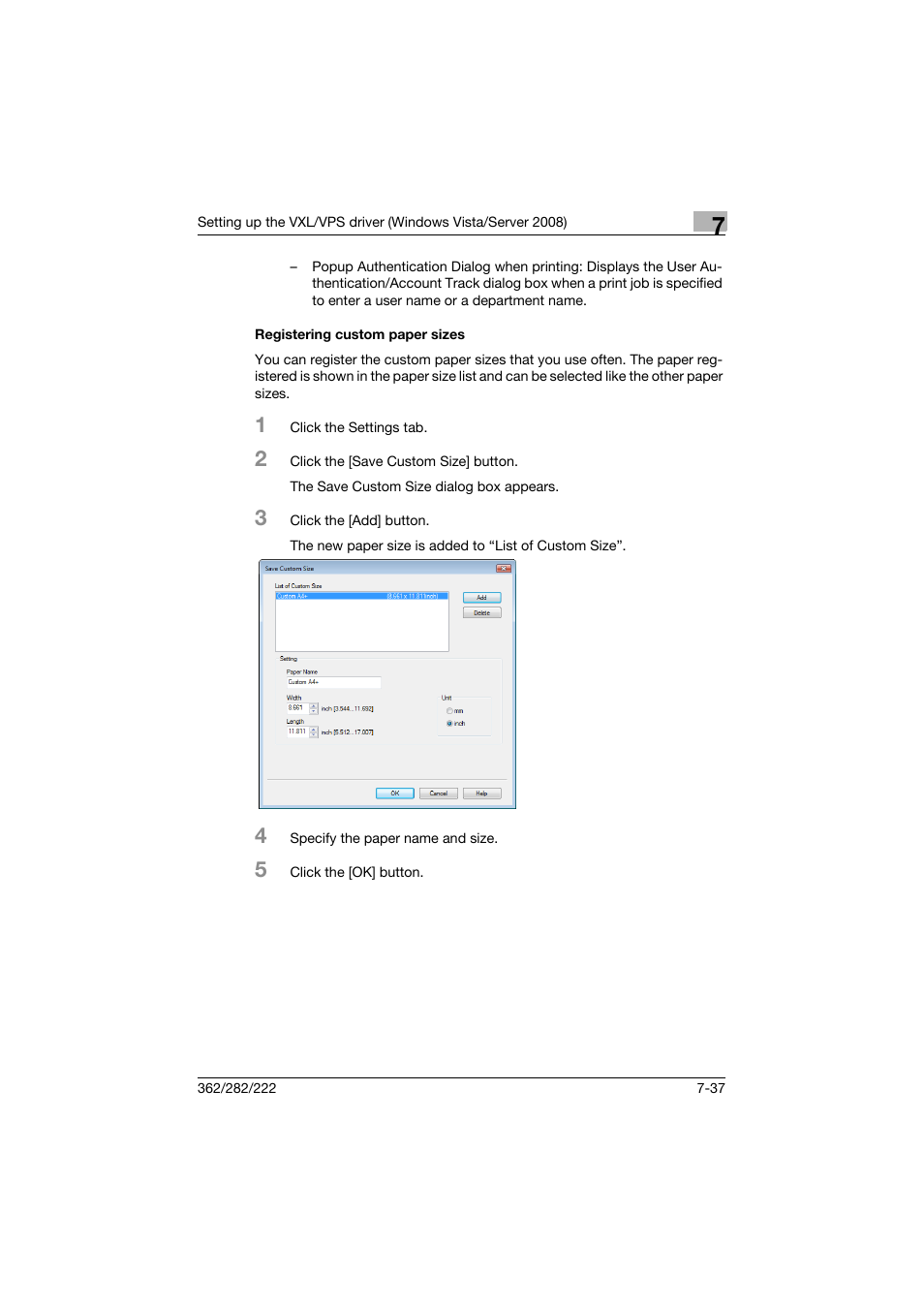 Registering custom paper sizes, Registering custom paper sizes -37 | Konica Minolta bizhub 362 User Manual | Page 219 / 372