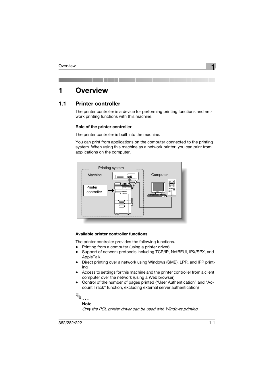 1 overview, 1 printer controller, Role of the printer controller | Available printer controller functions, Overview, Printer controller -1, 1overview | Konica Minolta bizhub 362 User Manual | Page 23 / 372