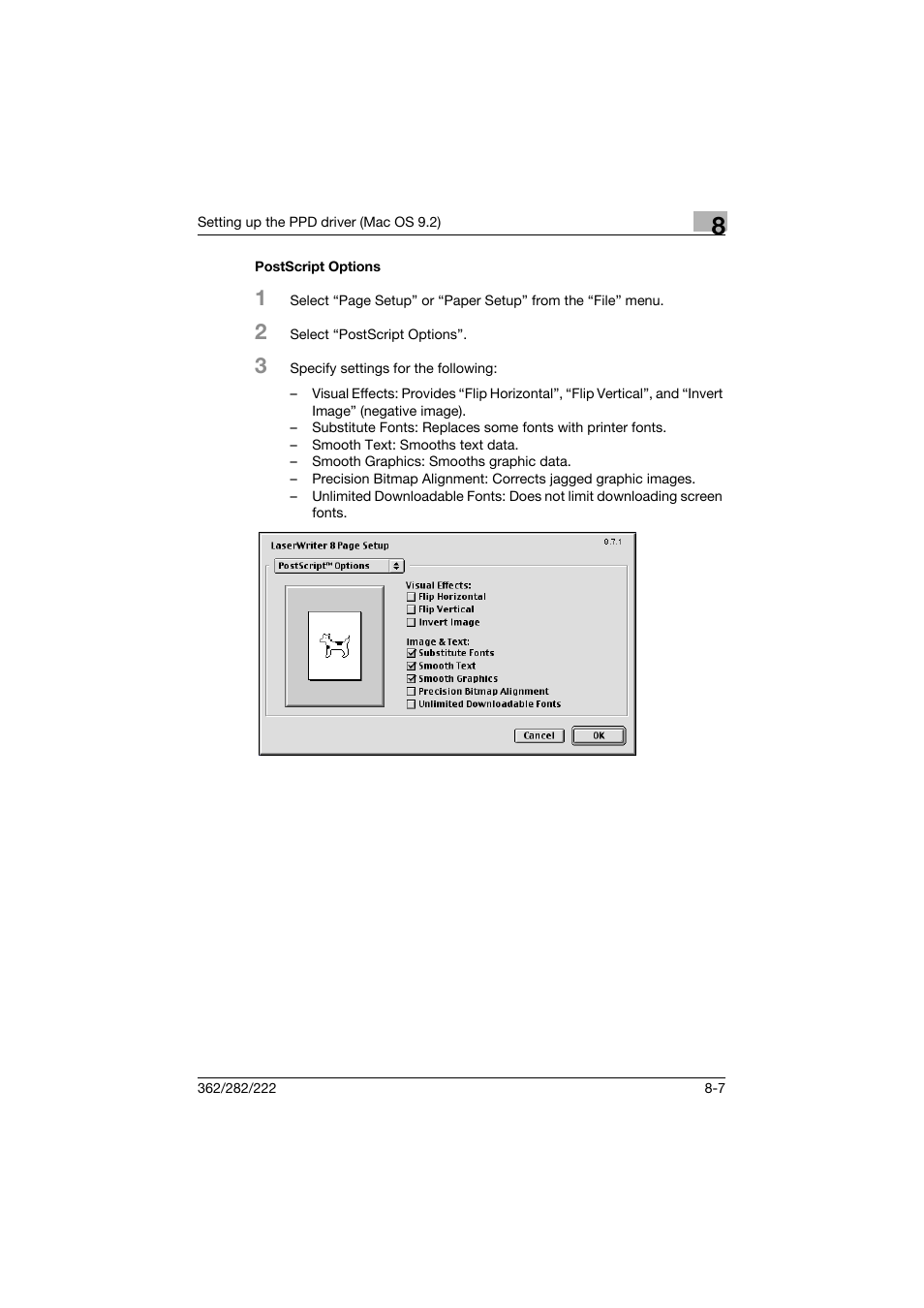 Postscript options, Postscript options -7 | Konica Minolta bizhub 362 User Manual | Page 231 / 372