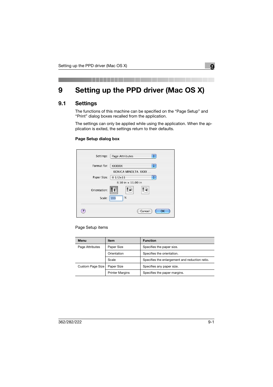 9 setting up the ppd driver (mac os x), 1 settings, Setting up the ppd driver (mac os x) | Settings -1, 9setting up the ppd driver (mac os x) | Konica Minolta bizhub 362 User Manual | Page 238 / 372