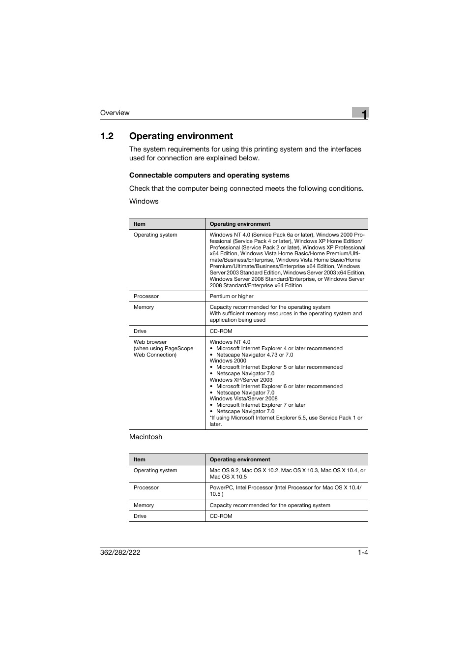 2 operating environment, Connectable computers and operating systems, Operating environment -4 | Connectable computers and operating systems -4 | Konica Minolta bizhub 362 User Manual | Page 26 / 372