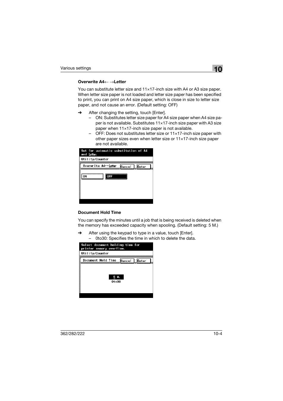 Overwrite a4<- ->letter, Document hold time, Overwrite a4 | Letter -4, Document hold time -4 | Konica Minolta bizhub 362 User Manual | Page 261 / 372