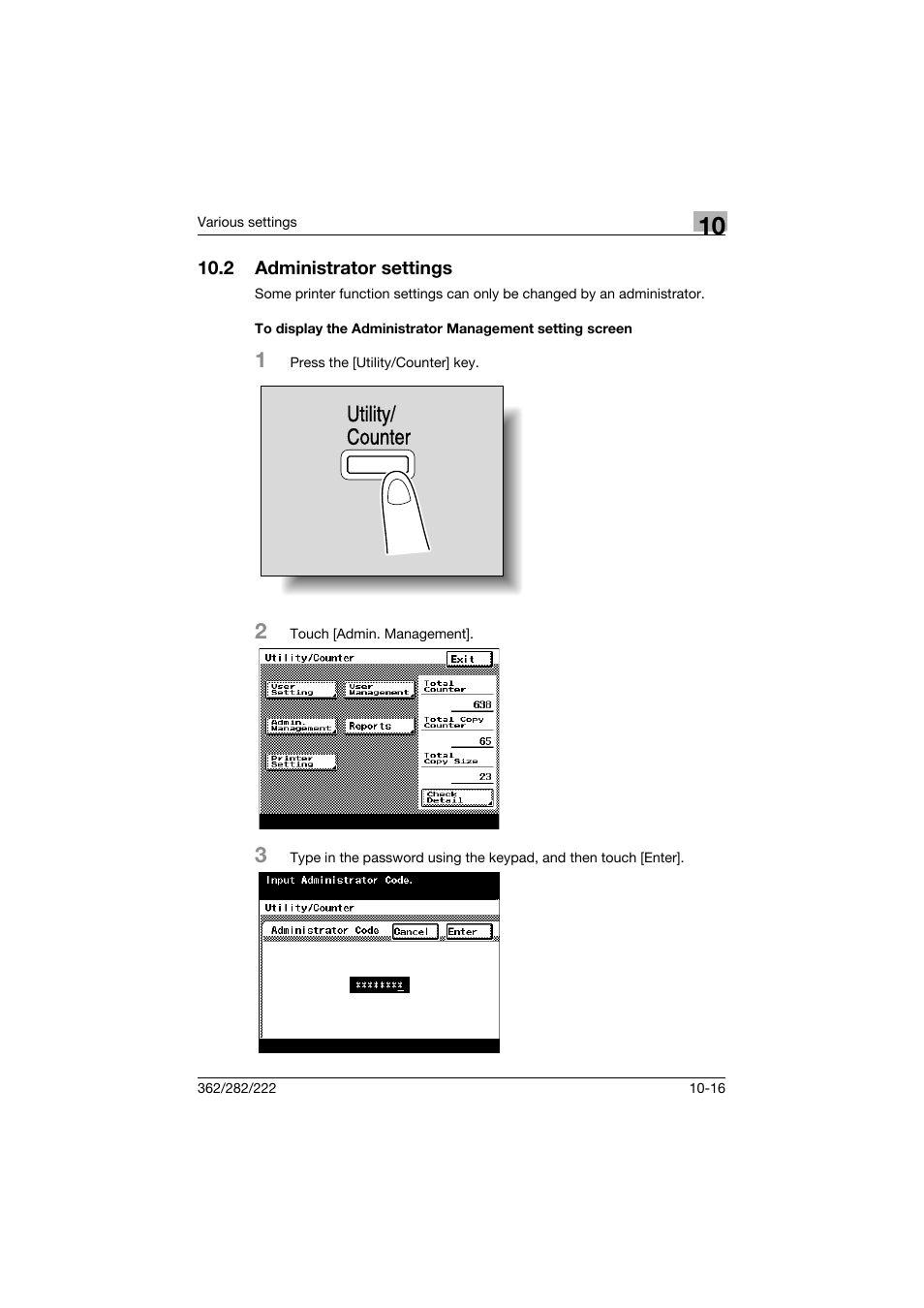2 administrator settings, Administrator settings -16, Utility/ counter | Konica Minolta bizhub 362 User Manual | Page 273 / 372