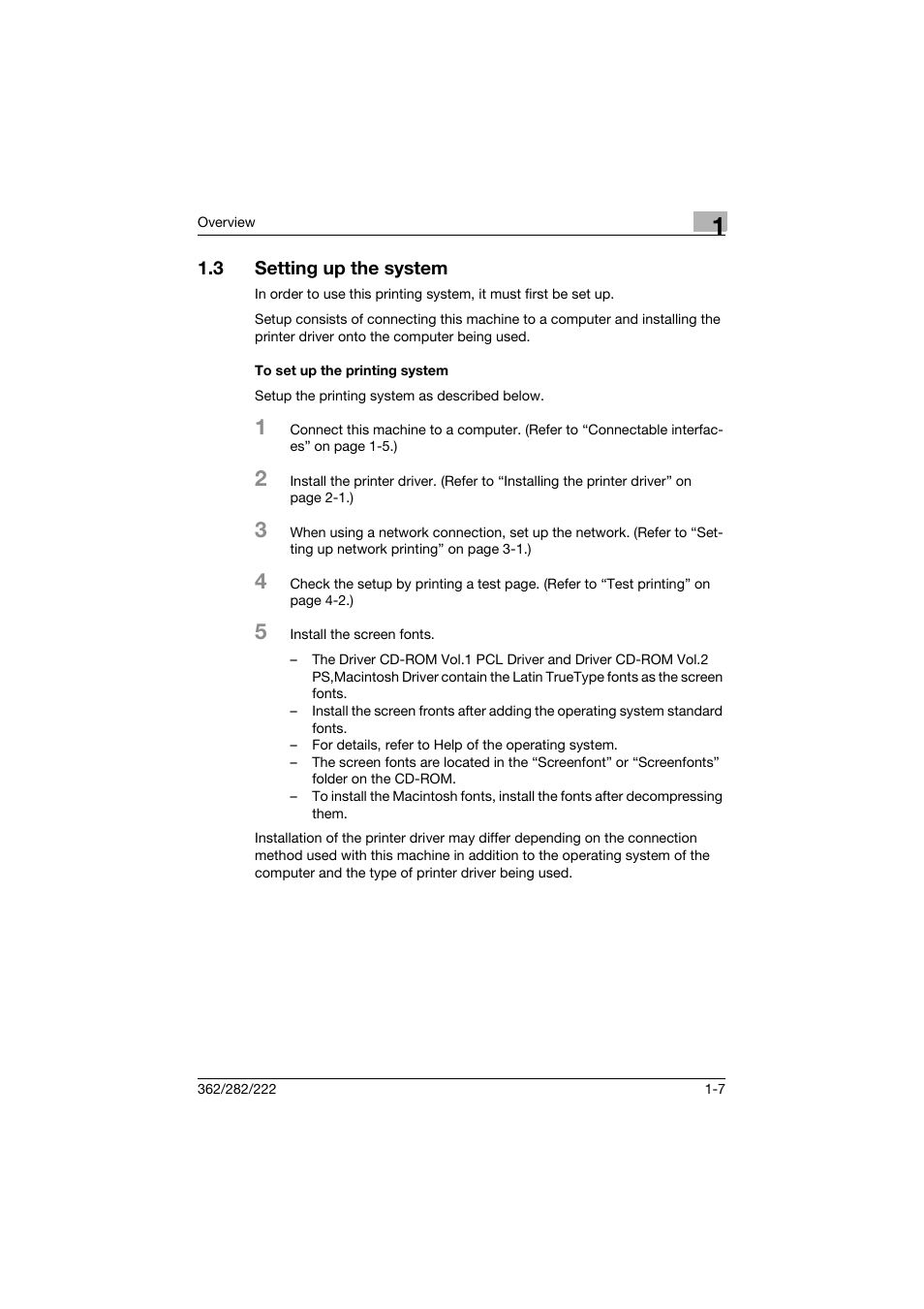 3 setting up the system, To set up the printing system, Setting up the system -7 | To set up the printing system -7 | Konica Minolta bizhub 362 User Manual | Page 29 / 372