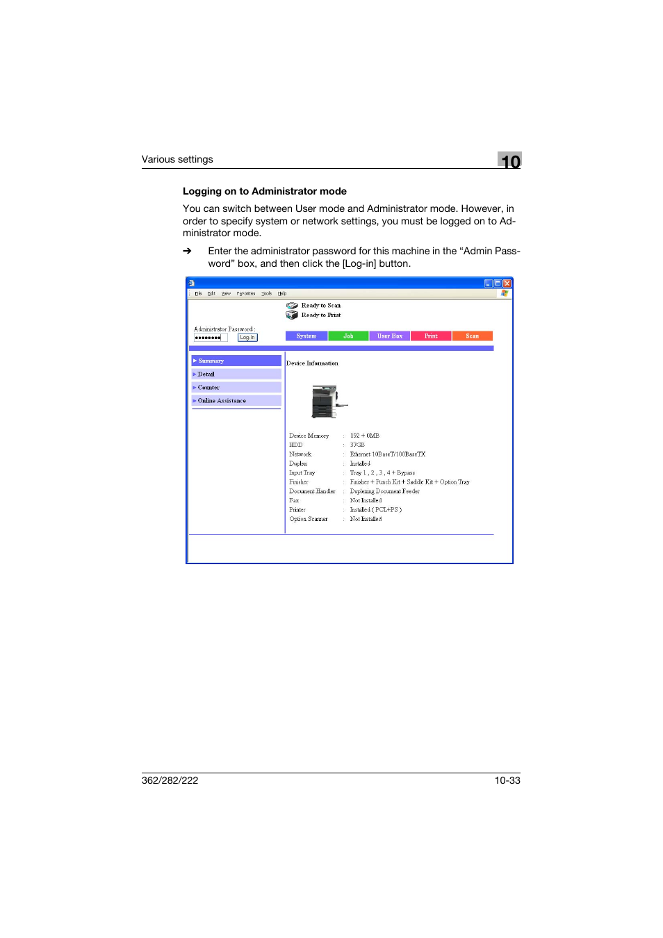 Logging on to administrator mode, Logging on to administrator mode -33 | Konica Minolta bizhub 362 User Manual | Page 290 / 372