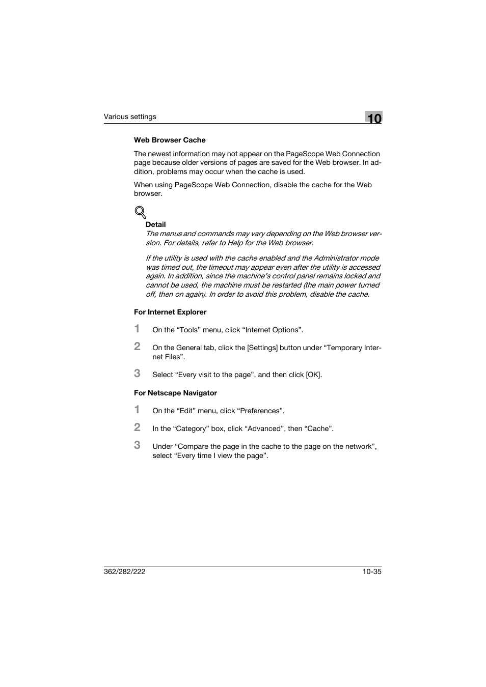 Web browser cache, For internet explorer, For netscape navigator | Konica Minolta bizhub 362 User Manual | Page 292 / 372