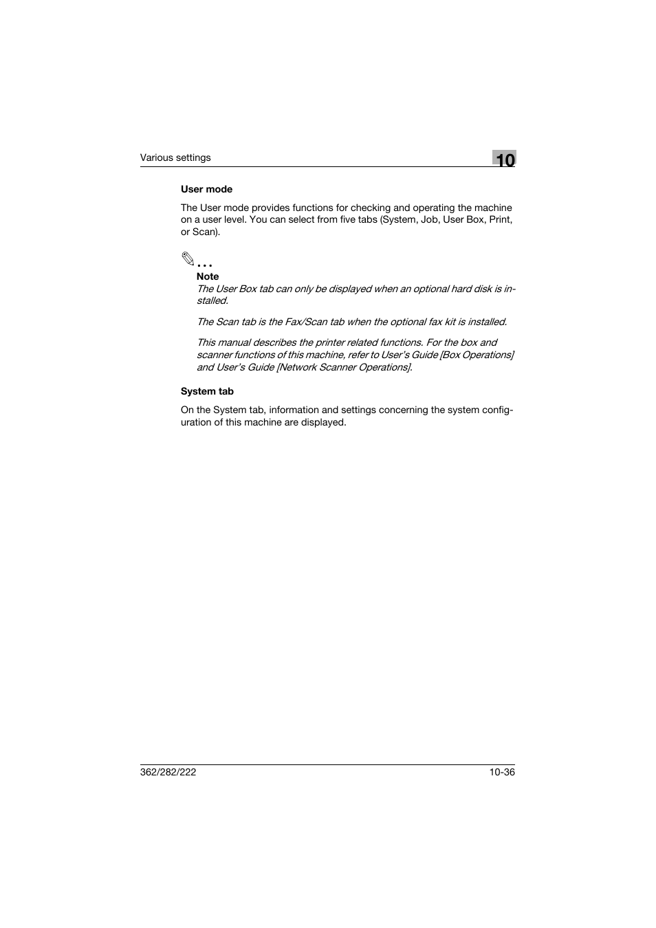User mode, System tab, User mode -36 system tab -36 | Konica Minolta bizhub 362 User Manual | Page 293 / 372