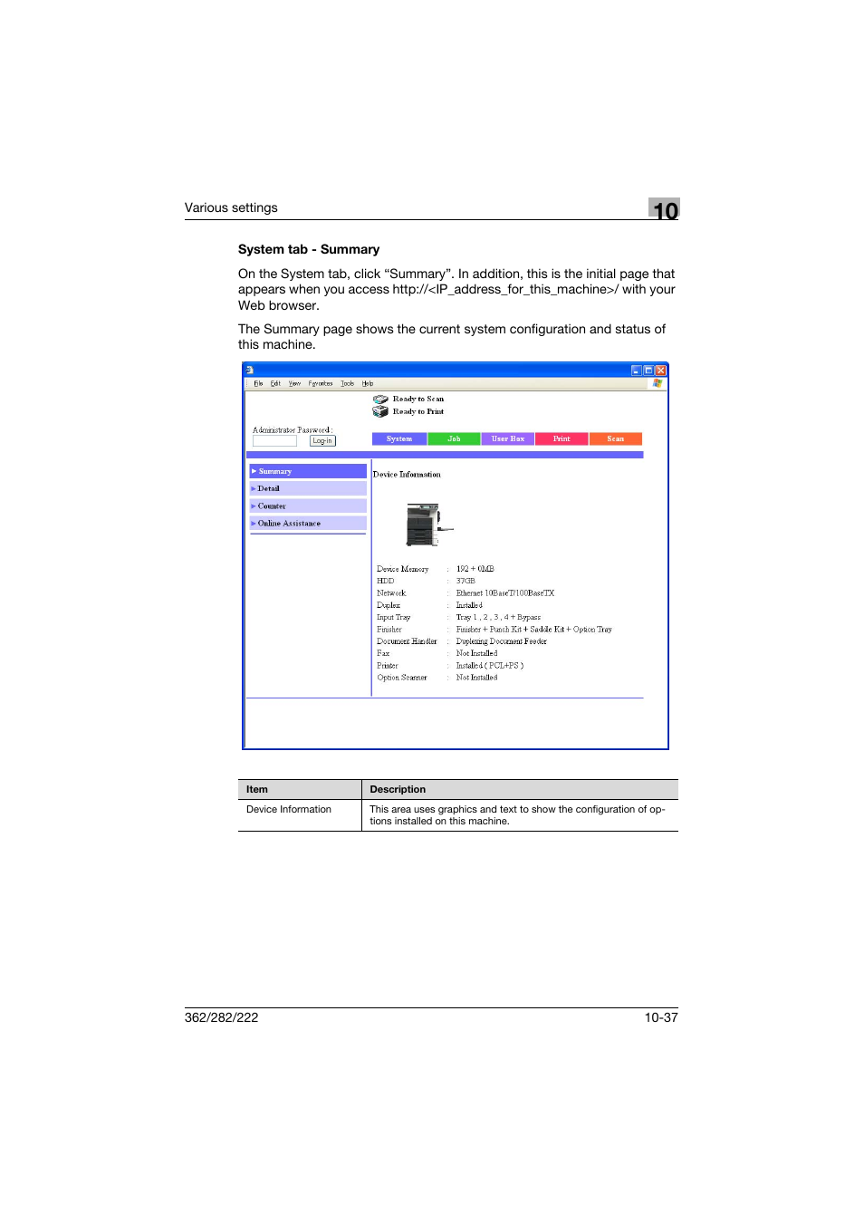 System tab - summary, System tab - summary -37 | Konica Minolta bizhub 362 User Manual | Page 294 / 372