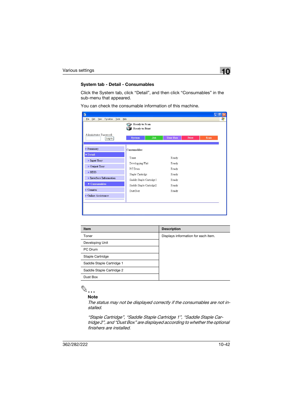 System tab - detail - consumables, System tab - detail - consumables -42 | Konica Minolta bizhub 362 User Manual | Page 299 / 372