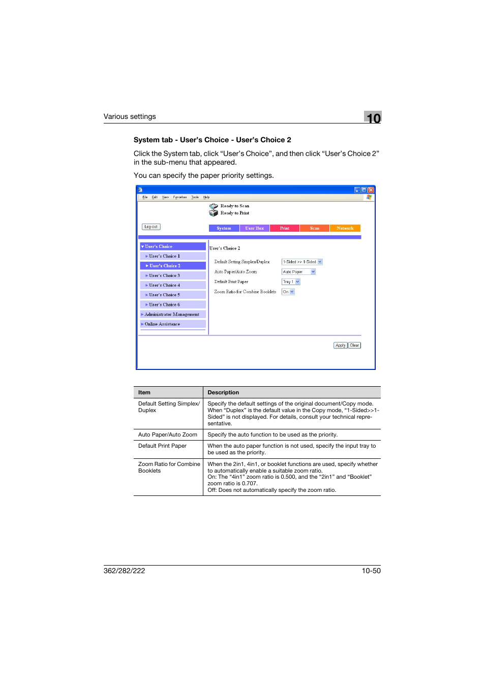 System tab - user’s choice - user’s choice 2, System tab - user’s choice - user’s choice 2 -50 | Konica Minolta bizhub 362 User Manual | Page 307 / 372