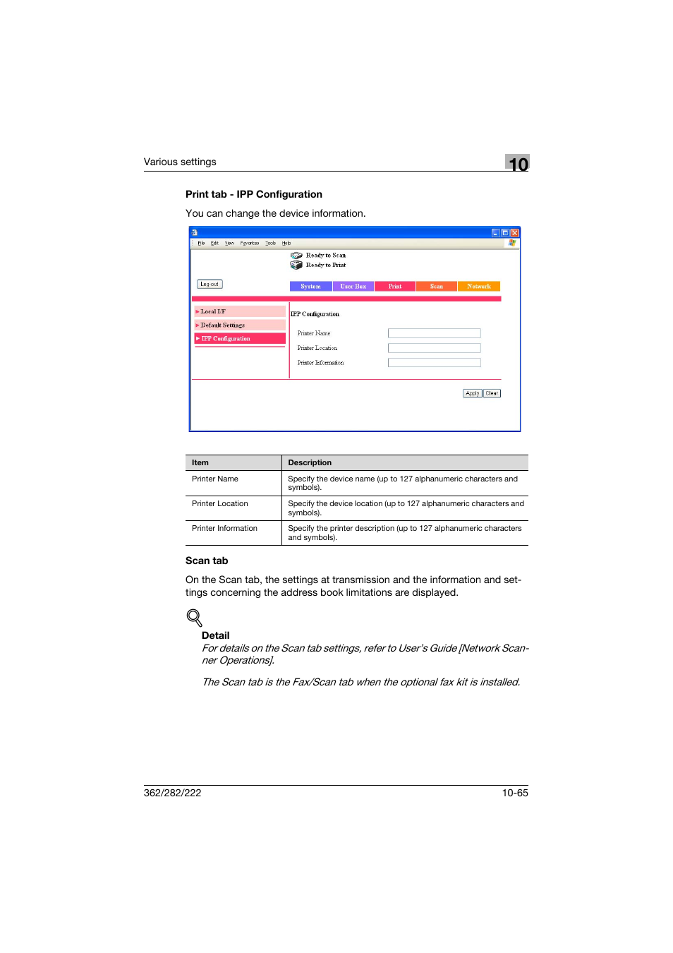 Print tab - ipp configuration, Scan tab, Print tab - ipp configuration -65 scan tab -65 | Konica Minolta bizhub 362 User Manual | Page 322 / 372