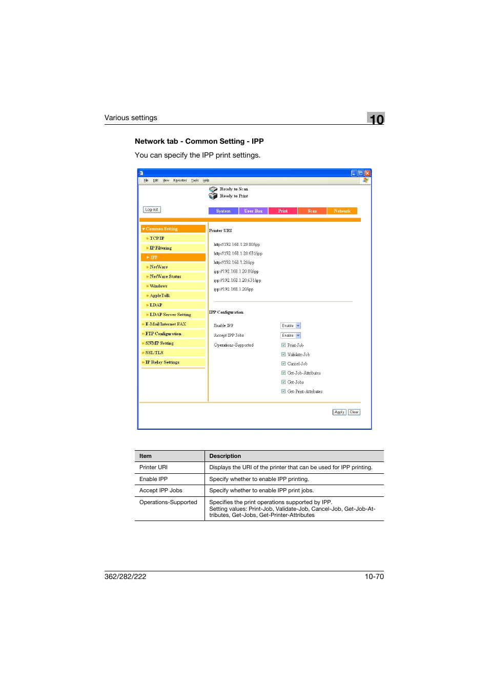 Network tab - common setting - ipp, Network tab - common setting - ipp -70 | Konica Minolta bizhub 362 User Manual | Page 327 / 372