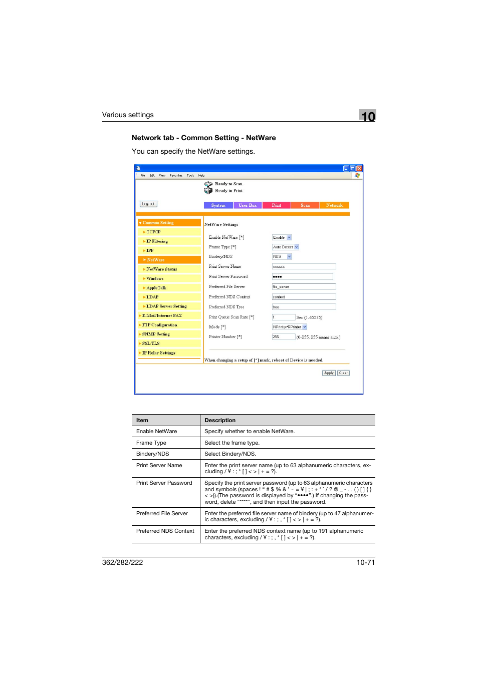 Network tab - common setting - netware, Network tab - common setting - netware -71 | Konica Minolta bizhub 362 User Manual | Page 328 / 372