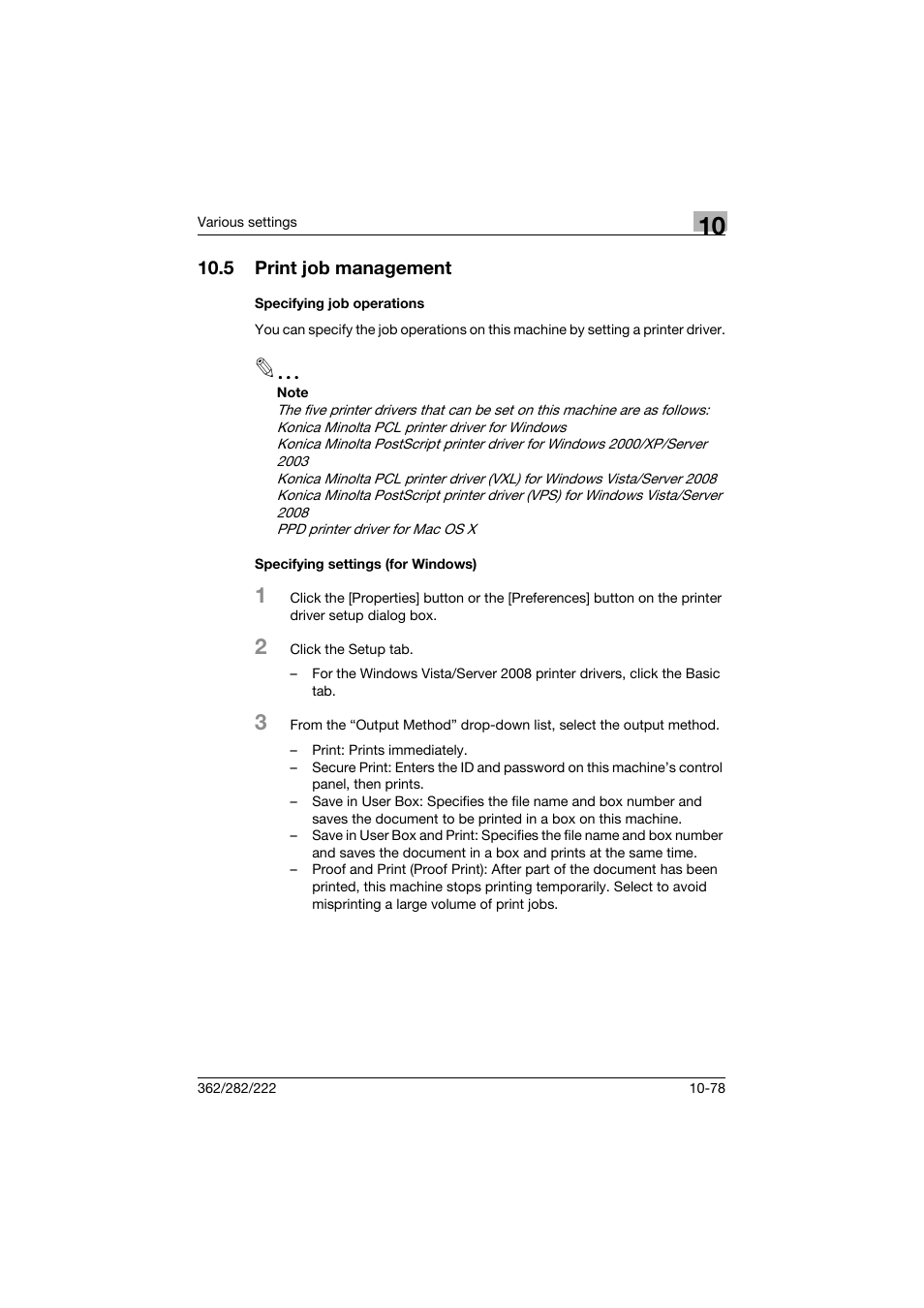 5 print job management, Specifying job operations, Specifying settings (for windows) | Print job management -78 | Konica Minolta bizhub 362 User Manual | Page 335 / 372