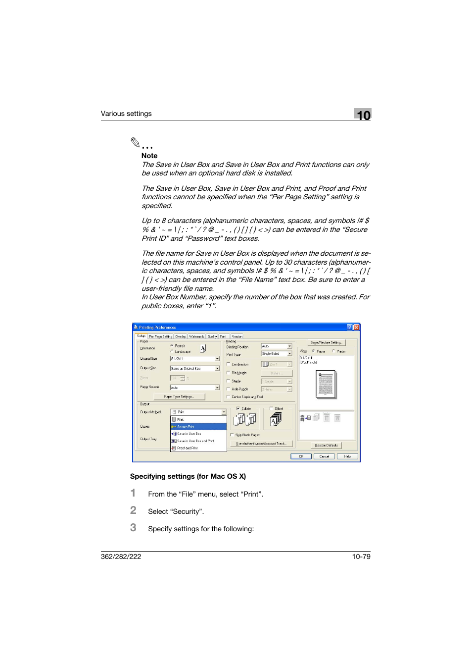 Specifying settings (for mac os x), Specifying settings (for mac os x) -79 | Konica Minolta bizhub 362 User Manual | Page 336 / 372