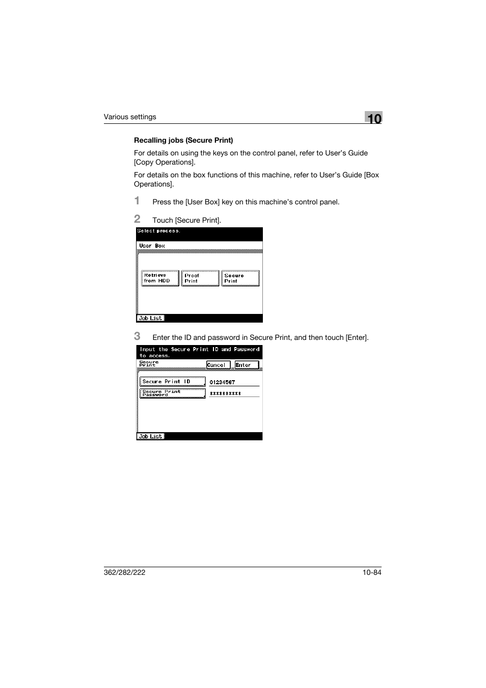 Recalling jobs (secure print), Recalling jobs (secure print) -84 | Konica Minolta bizhub 362 User Manual | Page 341 / 372
