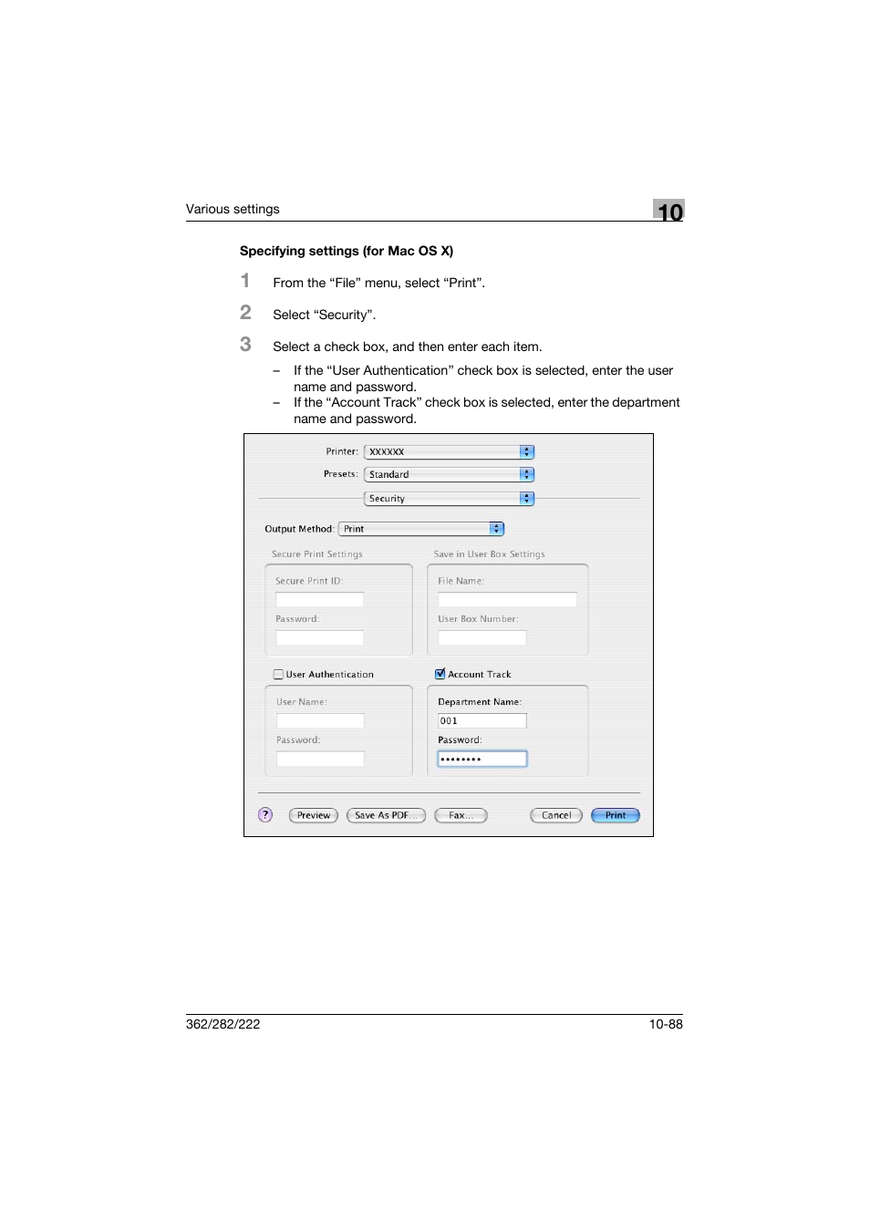 Specifying settings (for mac os x), Specifying settings (for mac os x) -88 | Konica Minolta bizhub 362 User Manual | Page 345 / 372