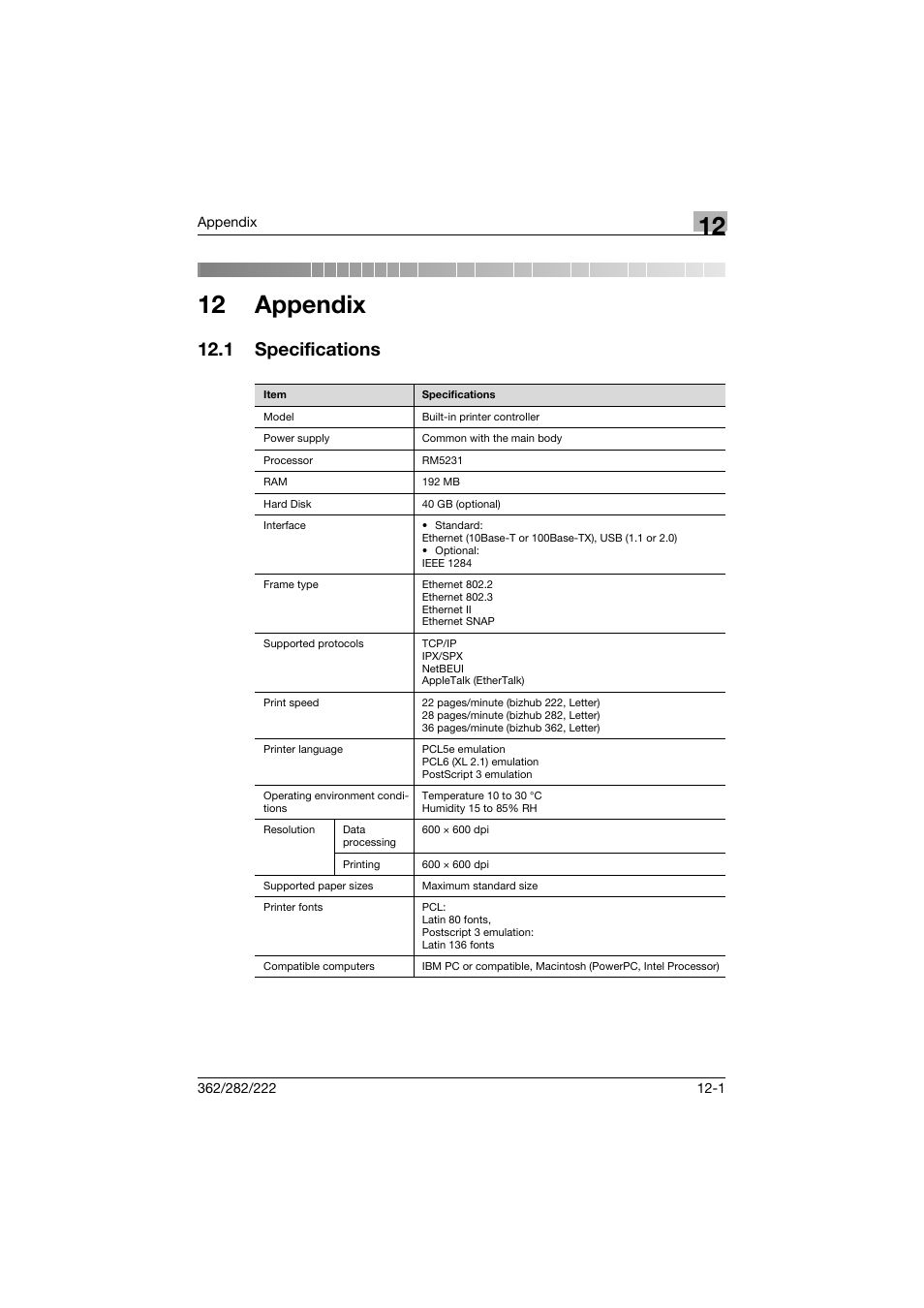 12 appendix, 1 specifications, Specifications -1 | Konica Minolta bizhub 362 User Manual | Page 351 / 372