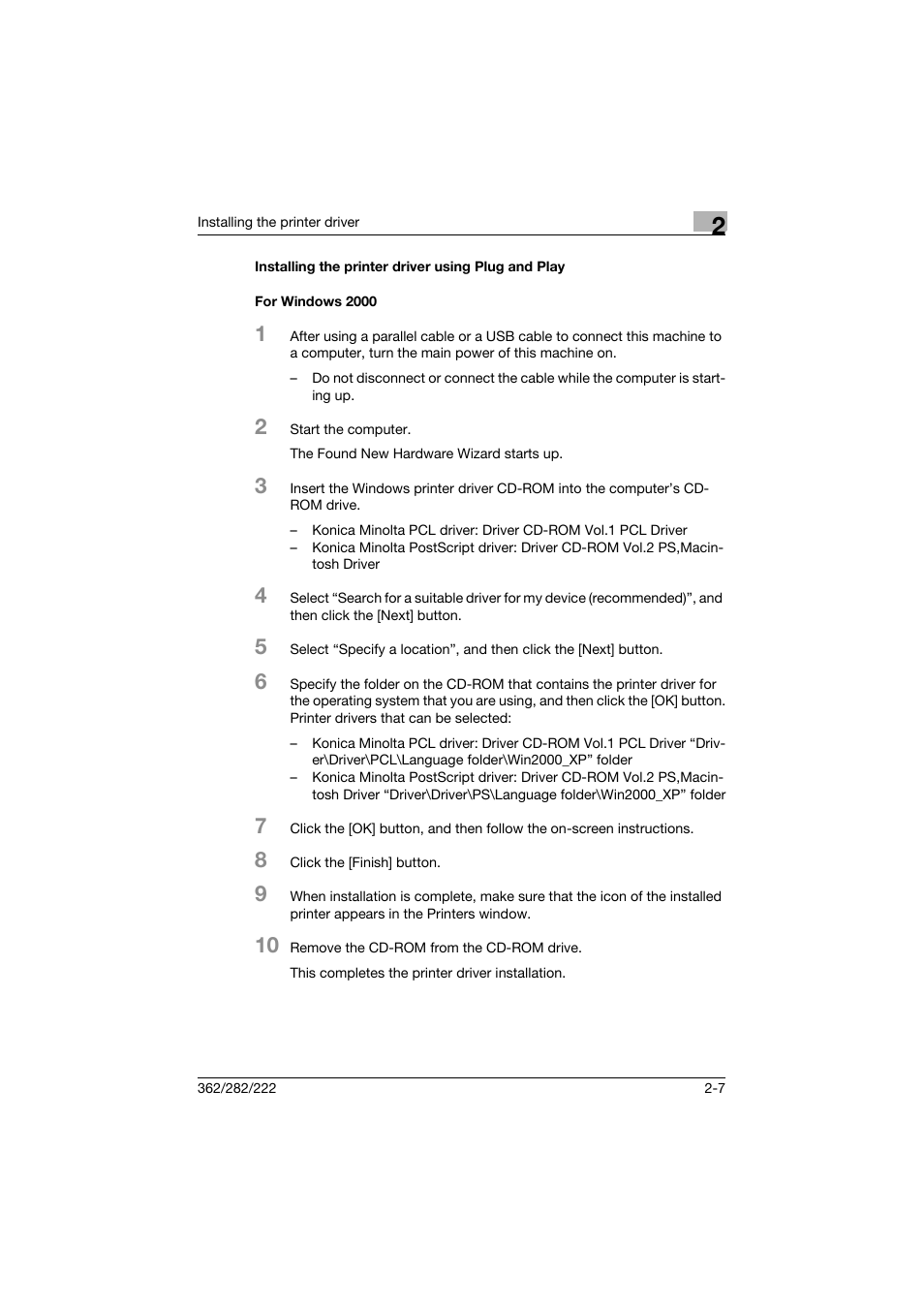 Installing the printer driver using plug and play, For windows 2000 | Konica Minolta bizhub 362 User Manual | Page 37 / 372