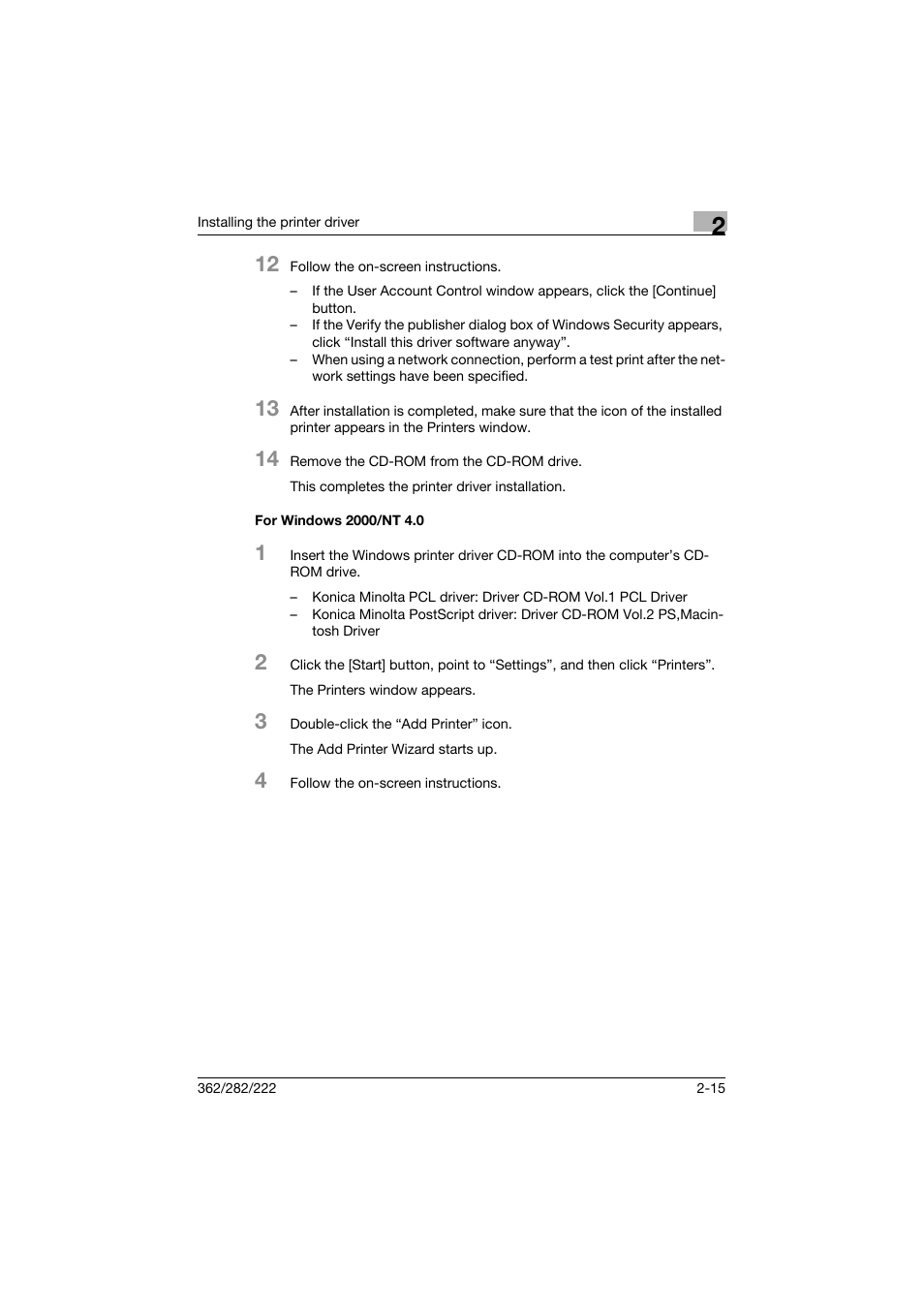 For windows 2000/nt 4.0, For windows 2000/nt 4.0 -15 | Konica Minolta bizhub 362 User Manual | Page 45 / 372