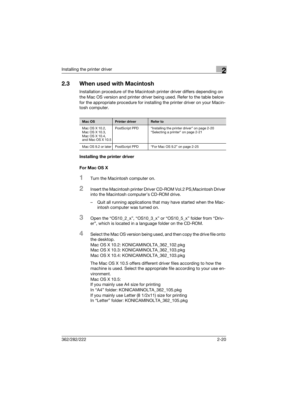 3 when used with macintosh, Installing the printer driver, For mac os x | When used with macintosh -20, Installing the printer driver -20 for mac os x -20 | Konica Minolta bizhub 362 User Manual | Page 50 / 372