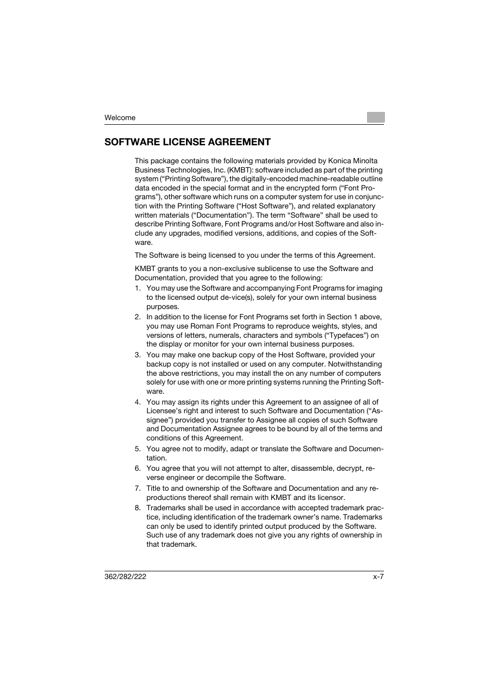 Software license agreement | Konica Minolta bizhub 362 User Manual | Page 8 / 372