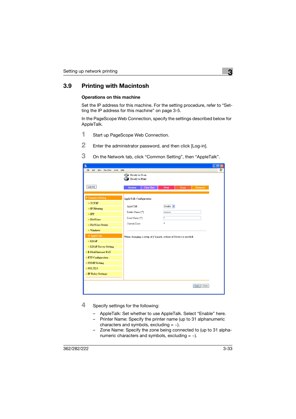 9 printing with macintosh, Operations on this machine, Printing with macintosh -33 | Operations on this machine -33 | Konica Minolta bizhub 362 User Manual | Page 91 / 372