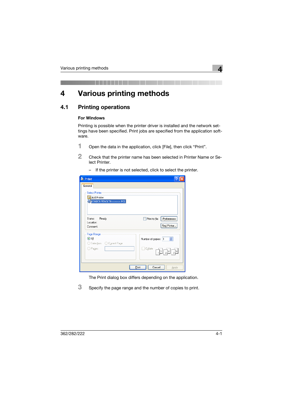 4 various printing methods, 1 printing operations, For windows | Various printing methods, Printing operations -1, For windows -1, 4various printing methods | Konica Minolta bizhub 362 User Manual | Page 95 / 372