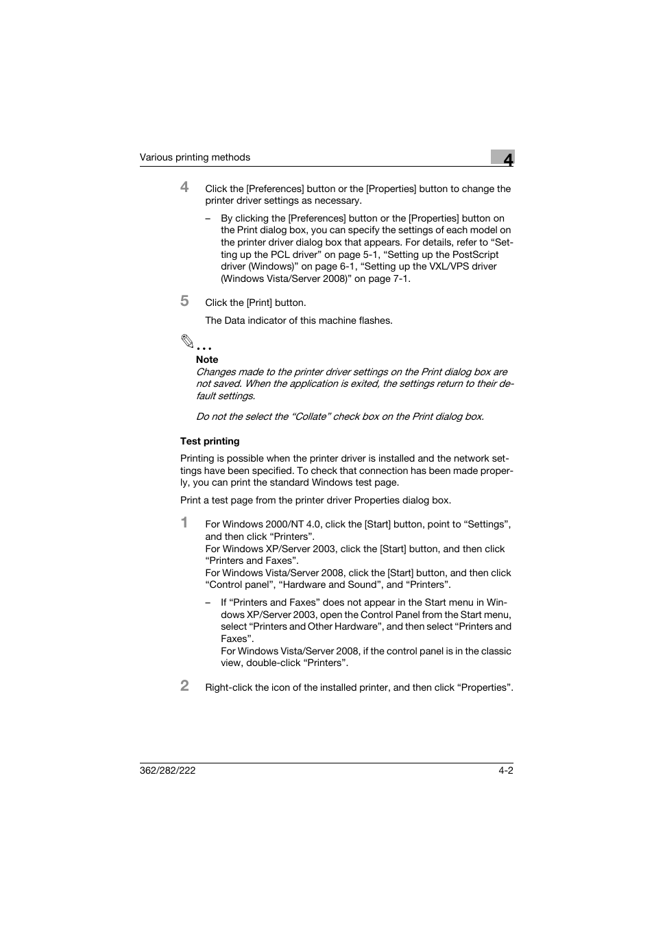 Test printing, Test printing -2 | Konica Minolta bizhub 362 User Manual | Page 96 / 372