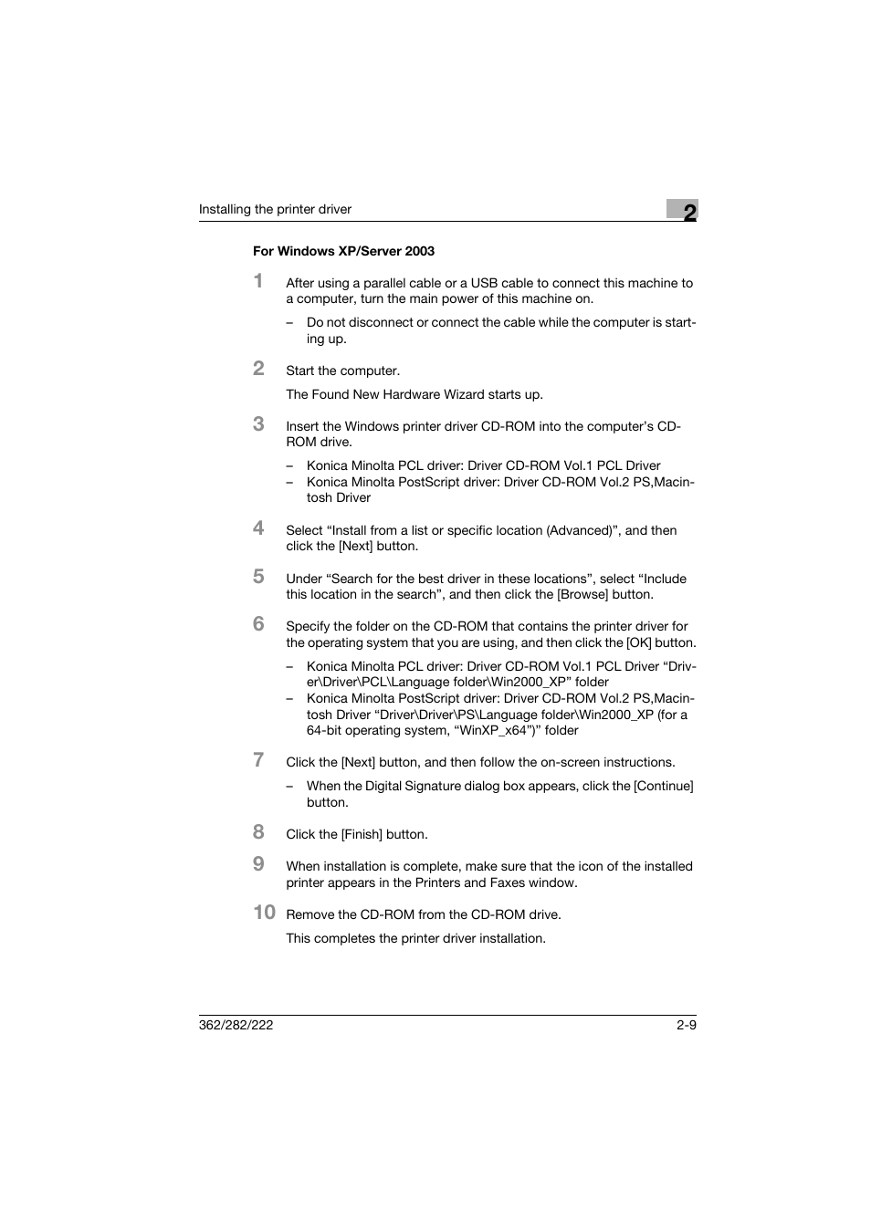 For windows xp/server 2003, For windows xp/server 2003 -9 | Konica Minolta bizhub 222 User Manual | Page 32 / 94