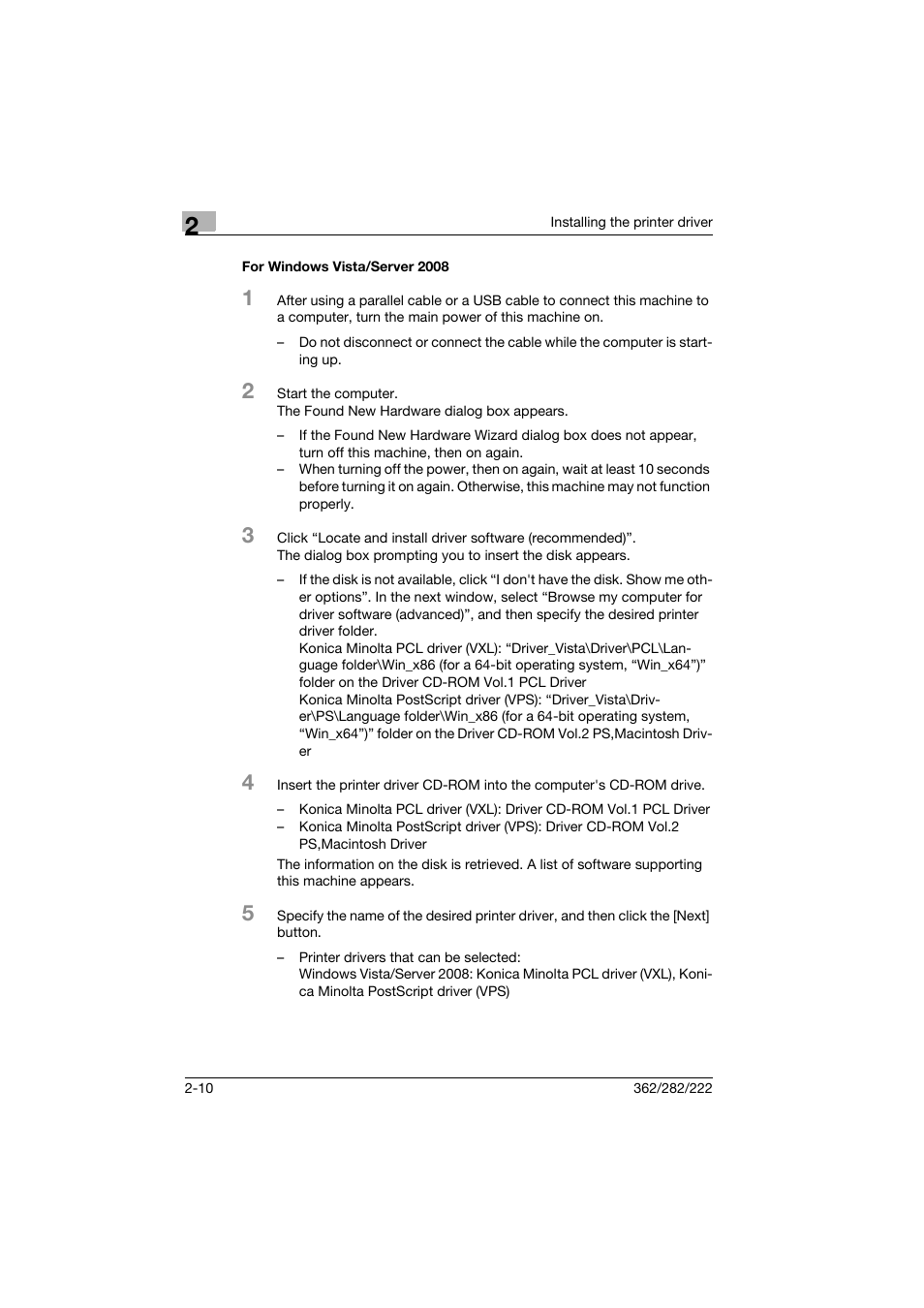 For windows vista/server 2008, For windows vista/server 2008 -10 | Konica Minolta bizhub 222 User Manual | Page 33 / 94