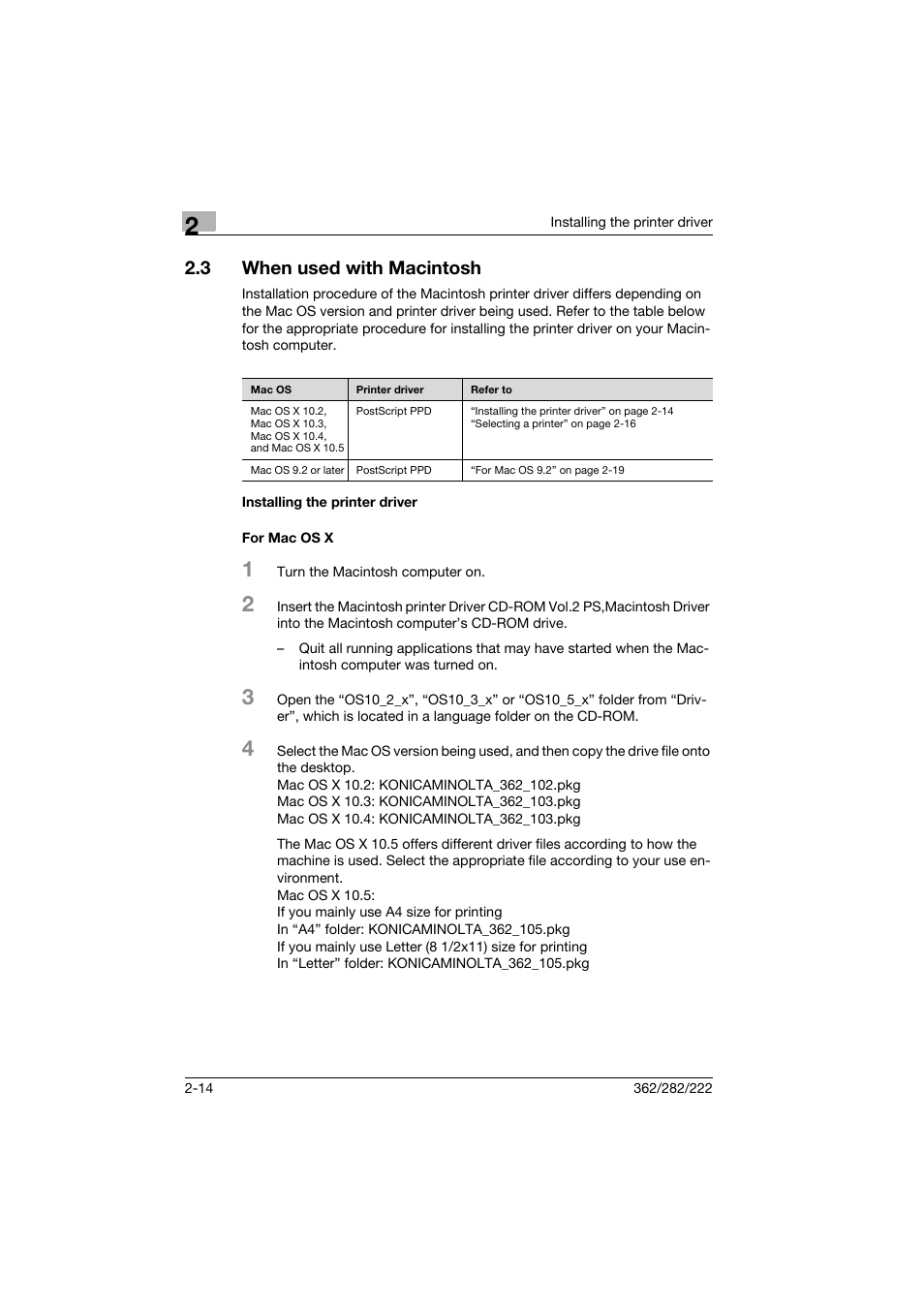 3 when used with macintosh, Installing the printer driver, For mac os x | When used with macintosh -14, Installing the printer driver -14 for mac os x -14 | Konica Minolta bizhub 222 User Manual | Page 37 / 94