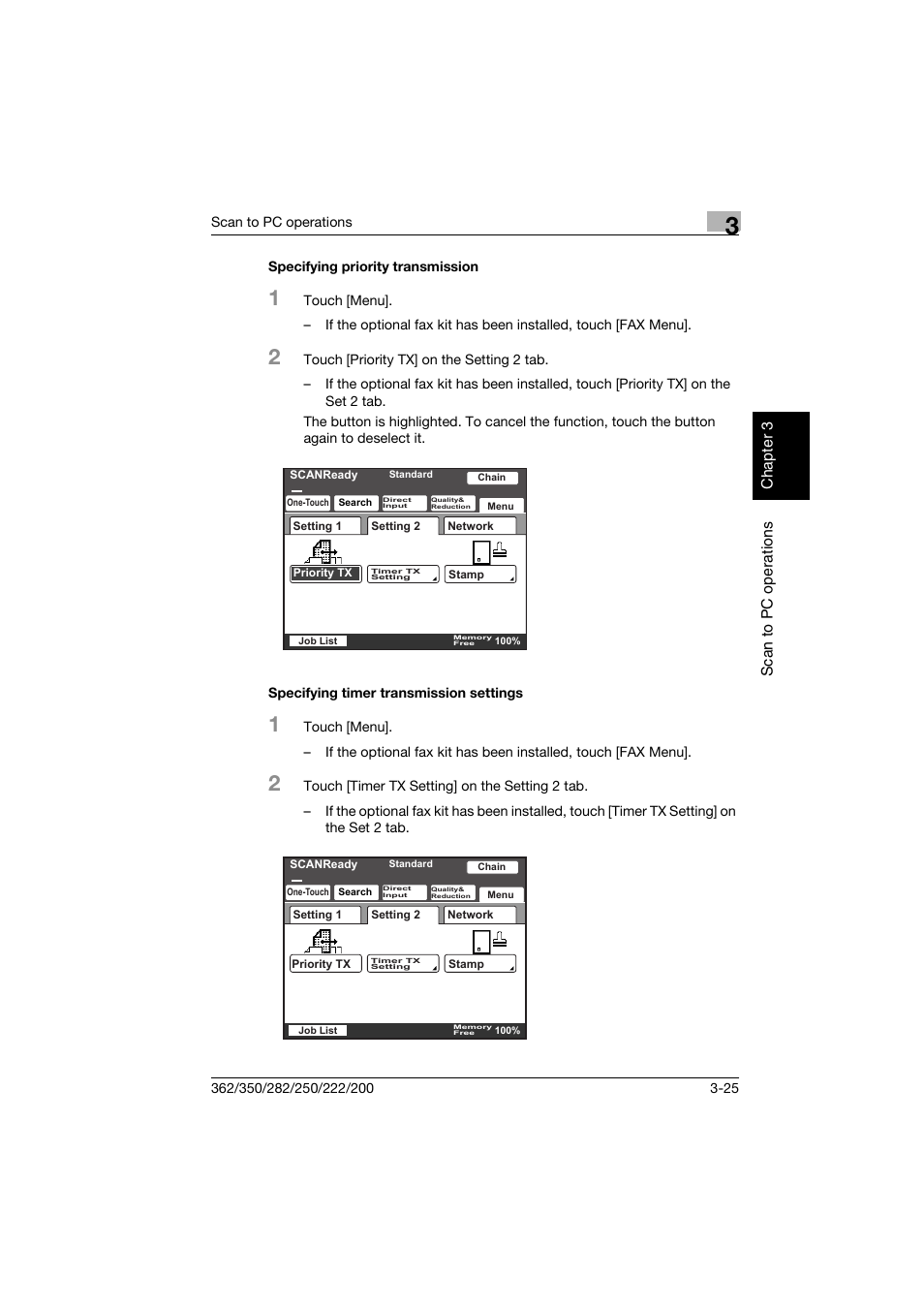 Specifying priority transmission, Specifying timer transmission settings, Specifying priority transmission -25 | Specifying timer transmission settings -25 | Konica Minolta bizhub 282 User Manual | Page 100 / 288