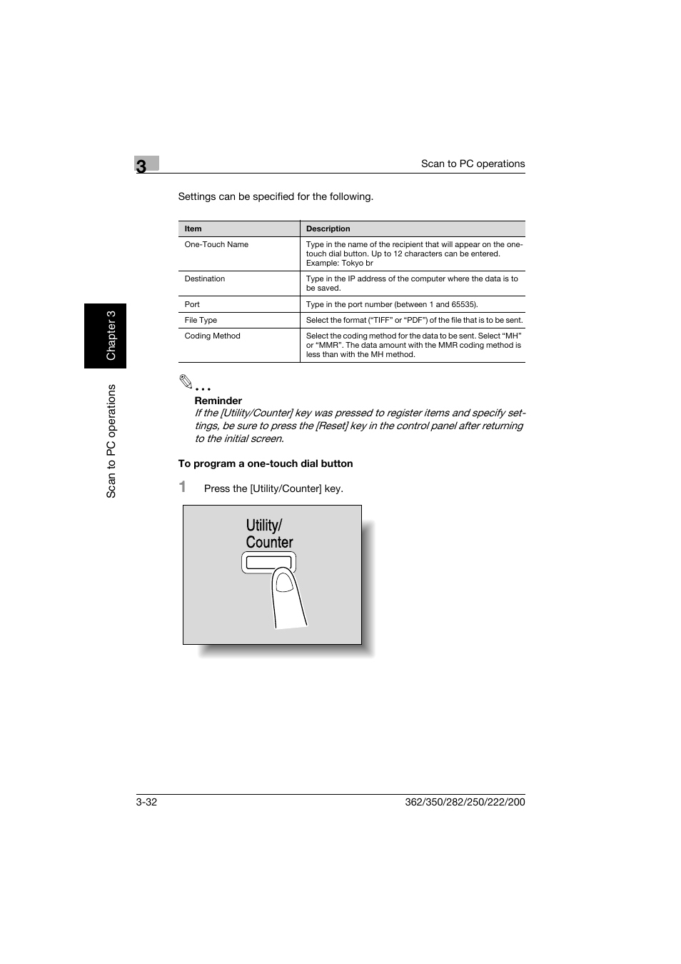 To program a one-touch dial button, To program a one-touch dial button -32, Utility/ counter | Konica Minolta bizhub 282 User Manual | Page 107 / 288