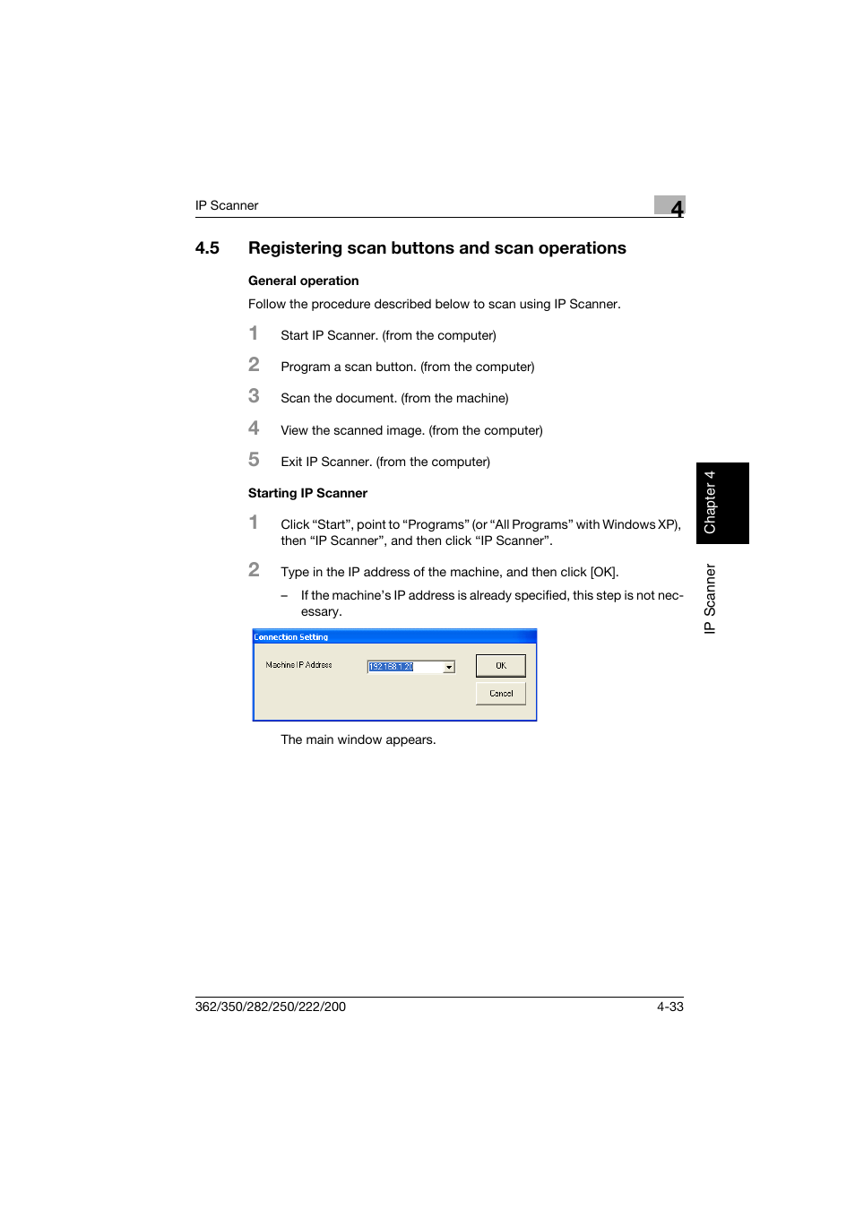 5 registering scan buttons and scan operations, General operation, Starting ip scanner | Registering scan buttons and scan operations -33, General operation -33 starting ip scanner -33 | Konica Minolta bizhub 282 User Manual | Page 148 / 288