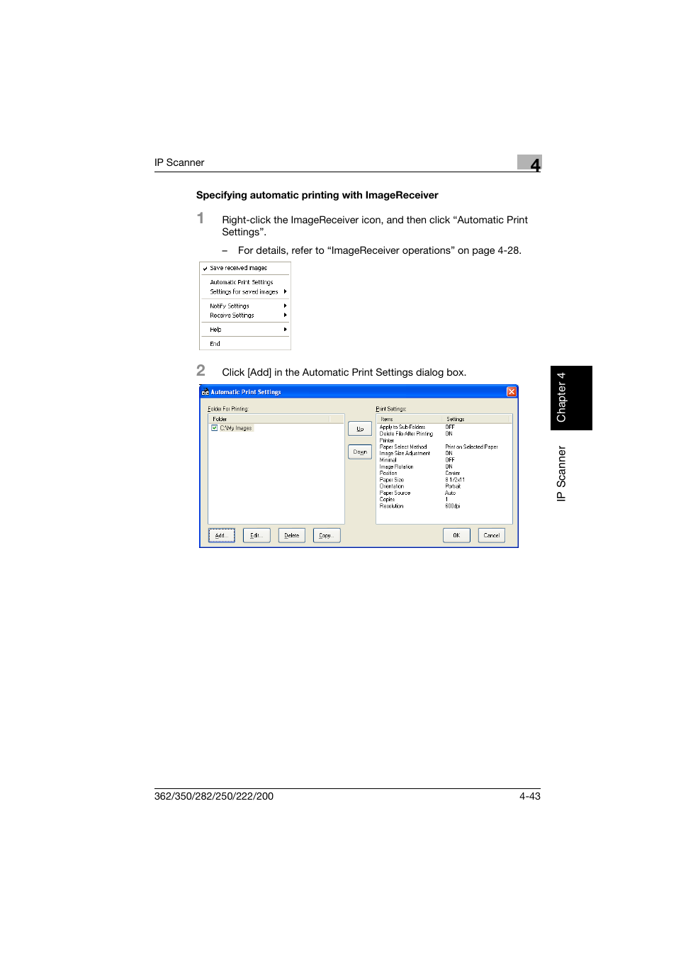 Specifying automatic printing with imagereceiver | Konica Minolta bizhub 282 User Manual | Page 158 / 288