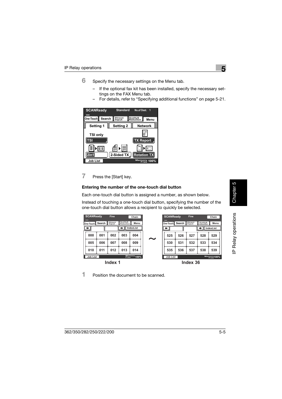 Entering the number of the one-touch dial button, Ip relay operations chap te r 5, Index 1 index 36 | Konica Minolta bizhub 282 User Manual | Page 168 / 288