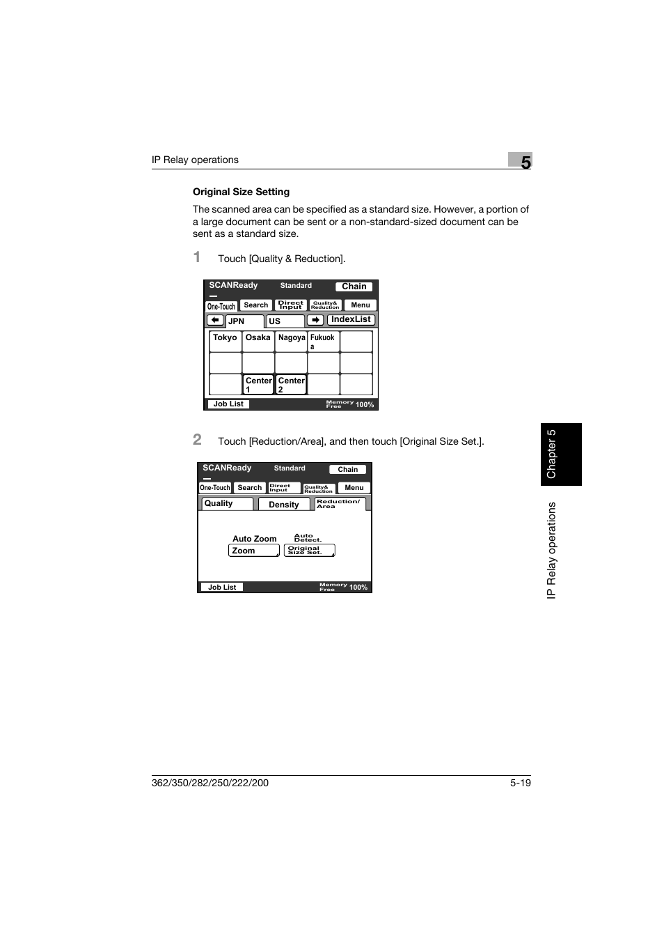 Original size setting, Original size setting -19, Ip relay operations chap te r 5 | Konica Minolta bizhub 282 User Manual | Page 182 / 288