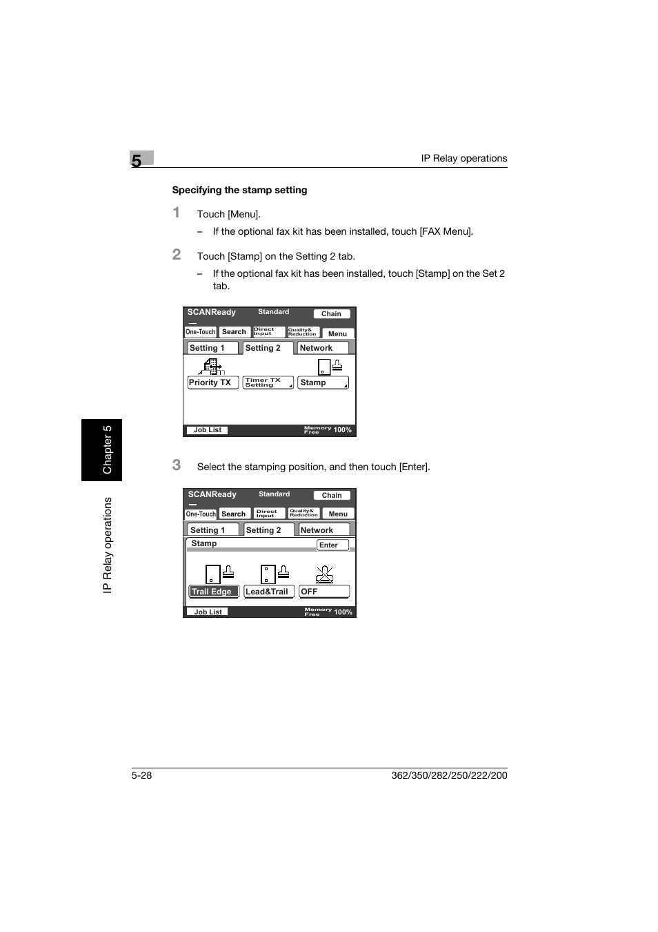 Specifying the stamp setting, Specifying the stamp setting -28, Ip relay operations chap te r 5 | Konica Minolta bizhub 282 User Manual | Page 191 / 288