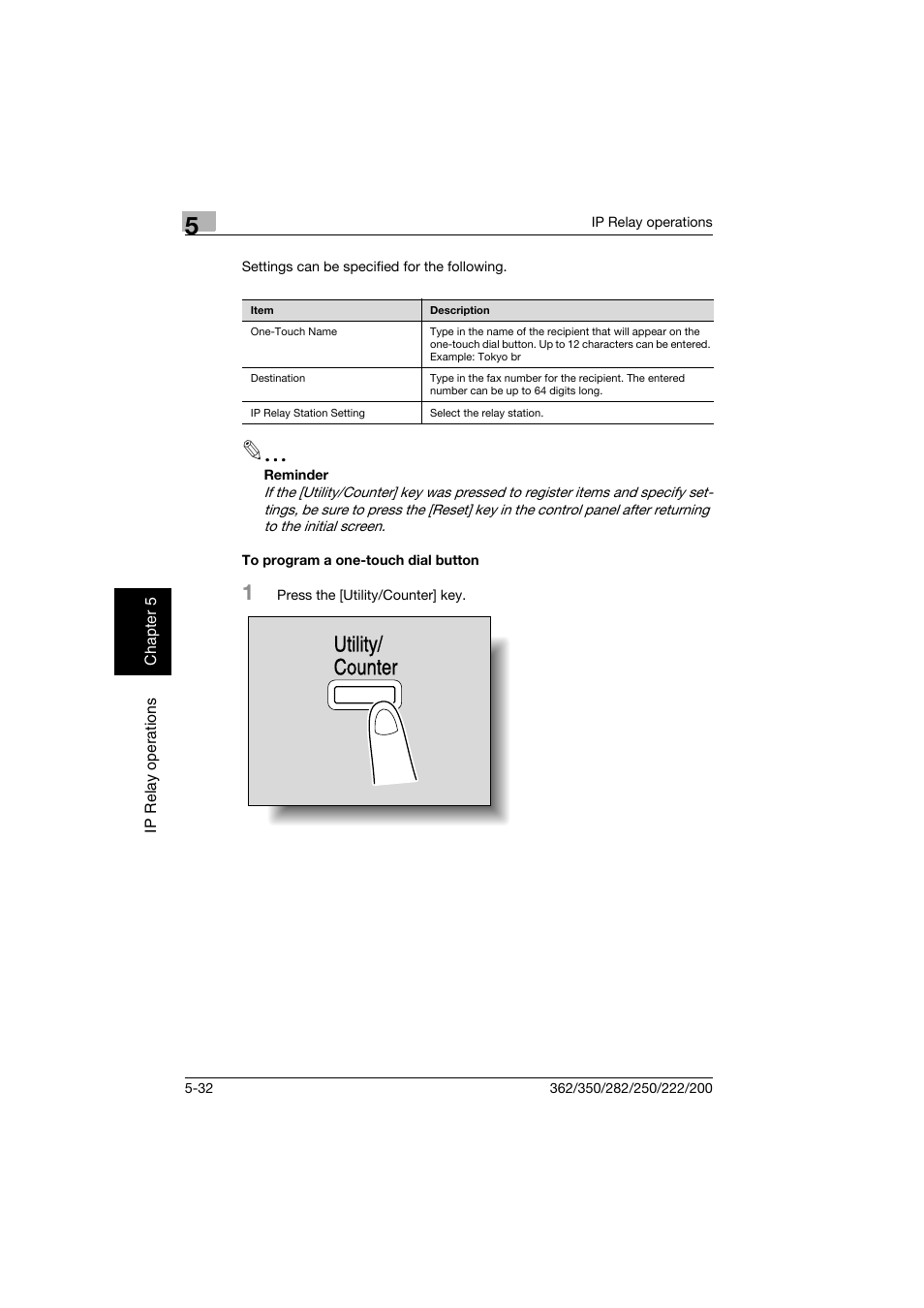 To program a one-touch dial button, To program a one-touch dial button -32, Utility/ counter | Konica Minolta bizhub 282 User Manual | Page 195 / 288