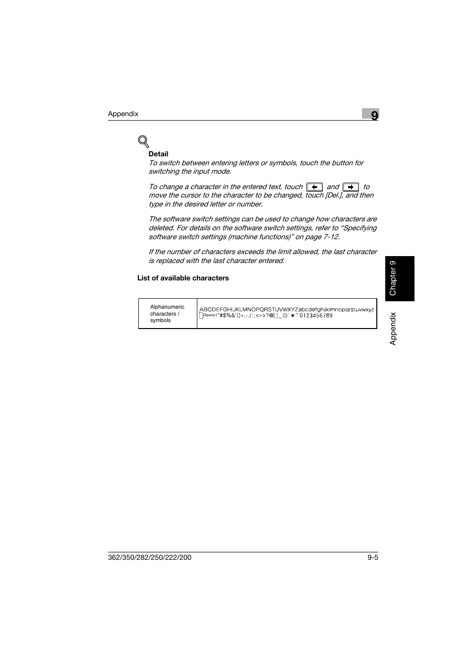 List of available characters, List of available characters -5 | Konica Minolta bizhub 282 User Manual | Page 280 / 288